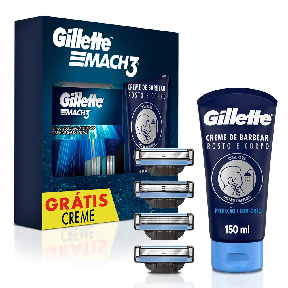 Kit Gillette 4 Cargas De Aparelho Para Barbear Gillette Mach3 Grtis Creme De Barbear Rosto E Corpo 150ml